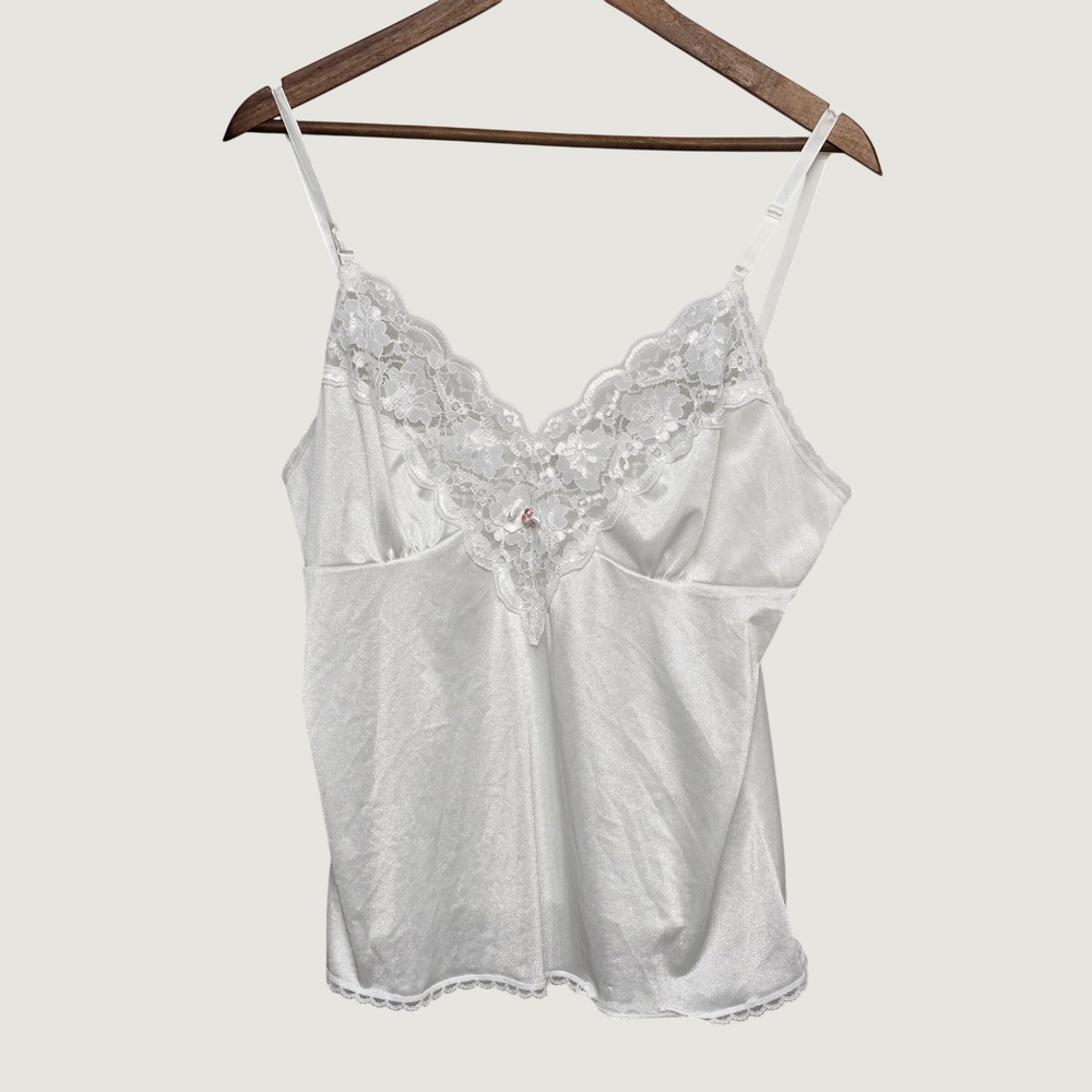 Vtg Ashley Taylor Camisole Women L White Lace Trim Satin Rose Coquette Romantic